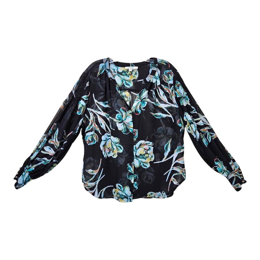CHICO'S 3 Women 16 XL Blouse Button Up Floral Black Green Sheer Balloon Slv 48"